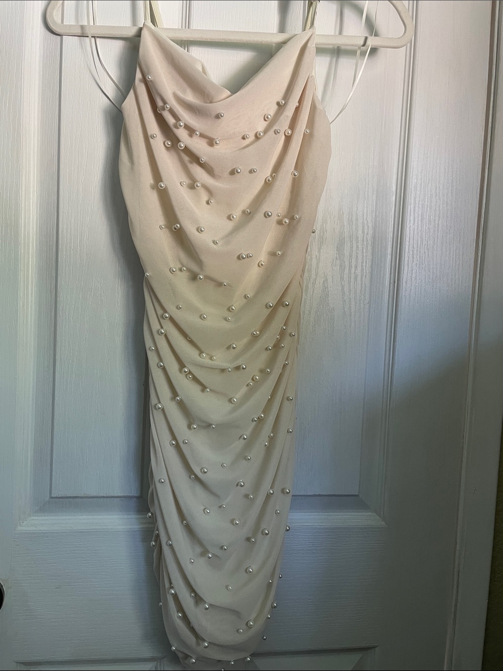 Pearl-Embellished Cream Cowl Neck Dress